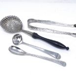 Various silver flatware, including unmarked sifter spoon with shell bowl and turned wood handle,