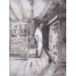Francois Verrimst, etching, beside the fire, signed in pencil, plate size 7.5" x 5.5", framed