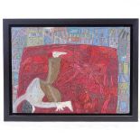 Oil on board, abstract figure and town, unsigned, 13" x 17.5", framed