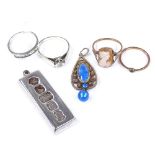 Various 9ct gold stone set rings, silver and enamel pendant by Marius Hammer, and silver ingot