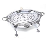 A Victorian silver plated rollover bacon dish, with bead edge and ivory handle, overall length 37cm