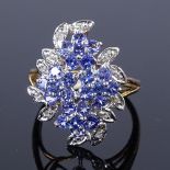 A 9ct gold iolite and diamond cluster cocktail ring, with openwork bridge, setting height 22.3mm,