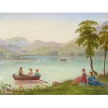 19th century oil on canvas, boats on a lake, unsigned, 14" x 20", framed