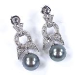 A pair of Art Deco style 14ct white gold cultured Tahitian pearl and diamond bow earrings, with