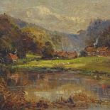 Early 20th century oil on board, cottages in the mountains, indistinctly signed, 11.5" x 17", framed