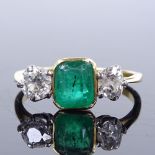 A 1920s 18ct gold 3-stone emerald and diamond ring, setting height 7.9mm, size N, 2.7g