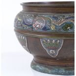 A Chinese bronze and champleve enamel decorated jardiniere, circa 1900, rim diameter 26cm...