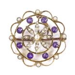 A 9ct gold amethyst and split-pearl target brooch/pendant, with pierced openwork settings, brooch