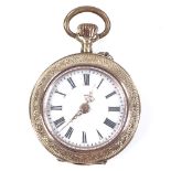 A 14ct gold fob watch, white enamel dial with Roman numeral hour markers and coloured enamel