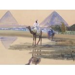 Pair of watercolours, desert scenes near the pyramids, indistinctly signed, 8" x 19", framed