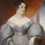 Mid-19th century English School, oil on canvas, half length portrait of a woman wearing a grey