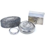 Mexican silver casket trinket box, 2 other silver trinket boxes, and a stone set silver ring (4)