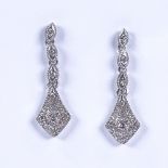 A pair of 9ct white gold diamond drop earrings, with stud fittings, earring height 19.6mm, 1.5g