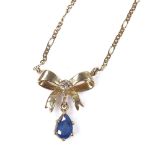 A 9ct gold sapphire and diamond ribbon pendant necklace, on 9ct figaro link chain, pendant height