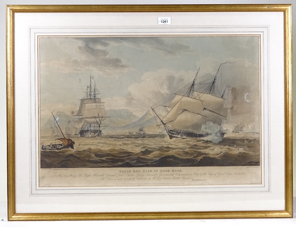 T Sutherland after W Huggins, hand coloured aquatint, Table Bay, Cape of Good Hope, published