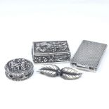 Various silverware, including grapevine embossed pillbox, Vesta case with sliding lid, Danish brooch