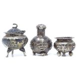 A 19th century Chinese export 3-piece silver cruet set, with character mark decoration and bun feet,