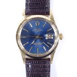 ROLEX - a 14ct gold Oyster Perpetual Date automatic wristwatch, circa 1981, blue dial with gilt