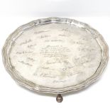 A George V circular silver salver, with ribbed scalloped rim, by Adie Brothers Ltd, hallmarks