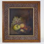 19th century oil on wood panel, still life study, fruit and dead game, unsigned, 12.5" x 11", framed