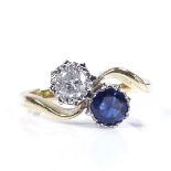 An 18ct gold sapphire and diamond crossover ring, setting height 11.4mm, size Q, 3.9g