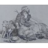 19th century charcoal/chalk drawing, man with stag and hounds, signed with monogram, 13" x 20",