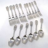 A set of Victorian silver Fiddle cutlery, comprising 5 dinner forks, 5 dessert forks and 6 dessert