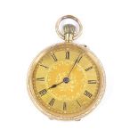 A 19th century 18ct gold open-face top-wind fob watch, with floral engraved case and face, and Roman