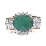 A 14ct gold emerald and diamond cluster dress ring, setting height 14.8mm, size O, 6.2g
