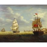 Oil on mahogany panel, British battleships off the coast, indistinctly signed, 20" x 26", framed