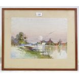 M Thein Pe, pair of watercolours, Oriental temple lake scenes, 1929, 11" x 14.5", framed