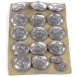 A set of 14 Sheffield plate coat buttons, depicting Hackney horses, 25mm across, and 2 smaller