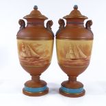A pair of Torquay Pottery jars and covers, with hand painted sailing ship decoration, height 32cm