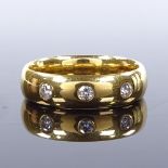 A 22ct gold 3-stone diamond wedding band ring, total diamond content approx 0.12ct, maker's marks