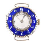 A 15ct gold enamelled wristwatch head, plain silvered dial with blue enamelled bezel and Arabic