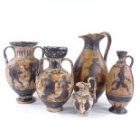 A group of 5 Etruscan style ceramic vases and ewers, with hand painted Classical designs, largest