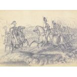 19th century pencil drawing, cavalry charge, indistinctly signed, 8" x 12.5", maple-framed