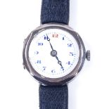 A 1920s silver-cased mechanical wristwatch, white enamel dial with blue Deco Arabic numerals, import