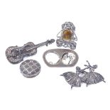 Various silver jewellery, including miniature photo frames, violin brooch, ballerina brooch etc