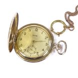 An Art Deco gold plated full hunter pocket watch, by Favor, champagne dial with gilt Arabic numerals