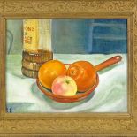 Oil on board, still life fruit, signed with monogram, 7" x 9.5", framed