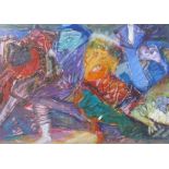 Sali Turan (Turkish born 1949), acrylic on board, abstract composition, 14" x 19", framed