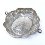 An Augsburg silver 2-handled dish, of lobed form with relief embossed peacock decoration, maker's