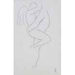 Kersen, pen and ink figure study, circa 1950, signed with monogram, 13" x 8.5", framed