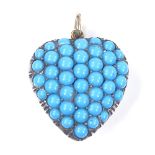 An unmarked gold blue glass pave-set heart pendant, height excluding bale 27.7mm, 9g