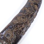 A Chinese relief carved buffalo horn, length 45cm