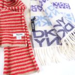 DKNY, white wool logo design scarf, 152cm x 22cm, and Johnstons of Elgin, long red/beige stripe
