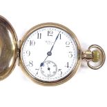 WALTHAM - a gold plated full hunter side-wind pocket watch, white enamel dial with Arabic numerals
