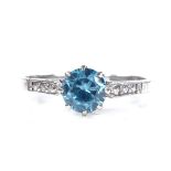 A 9ct white gold blue zircon solitaire ring, zircon diameter 5.5mm, size M, 1.8g