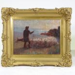 Early 20th century oil on canvas board, shepherd and flock, unsigned, 10" x 14", framed